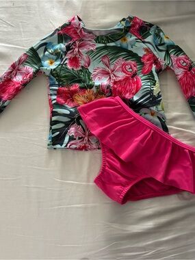 SHEIN Pink Tropical Flamingo Long-Sleeve Rashguard Set swimsuit